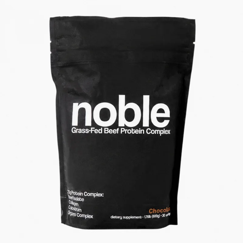 Noble Origins All-in-One Protein, a black resealable pouch, brand product photo